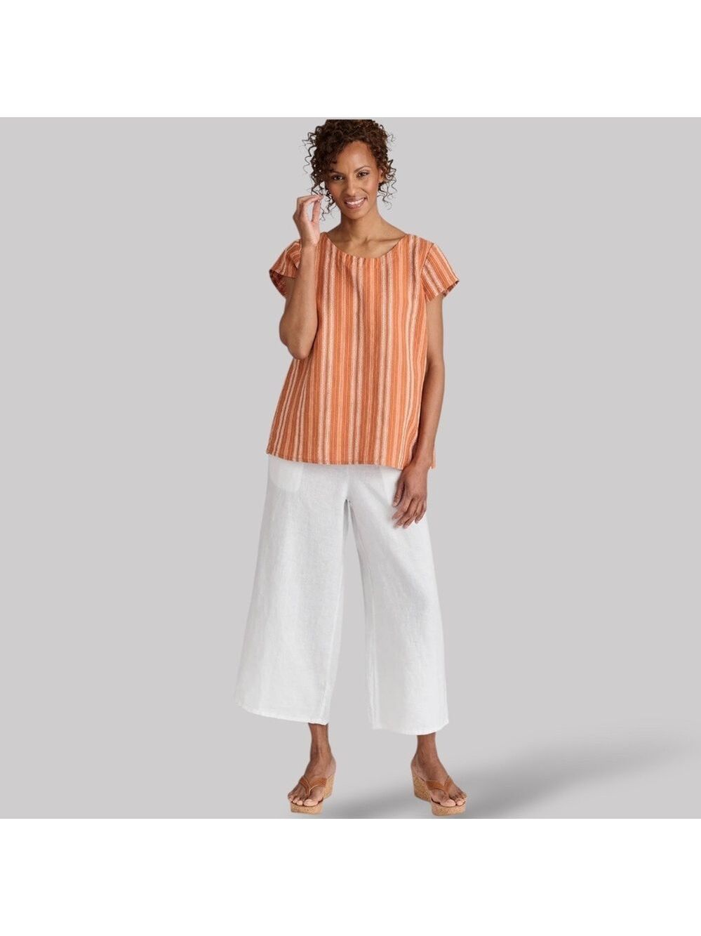 FLAX 100% Linen Sociable Flood Wide Leg Linen Pants w/ Side Pockets Pull On Sz L